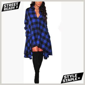 Long Sleeve V-Neck Plaid Shirt Dress with Irregular Hem, Side Pockets